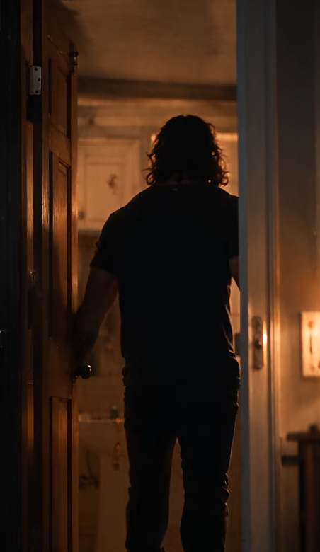 A figure entering a dim room, framed by a bright doorway and warm light falling across the floor.