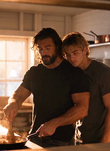 Two people standing close while cooking in a kitchen, with warm window light outlining their silhouettes.