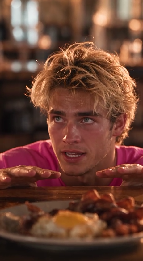 Wider portrait at a bar counter, with warm light on tousled hair and a softly blurred foreground.